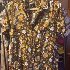 Brown Floral and Rainbow Button-Up Shirt